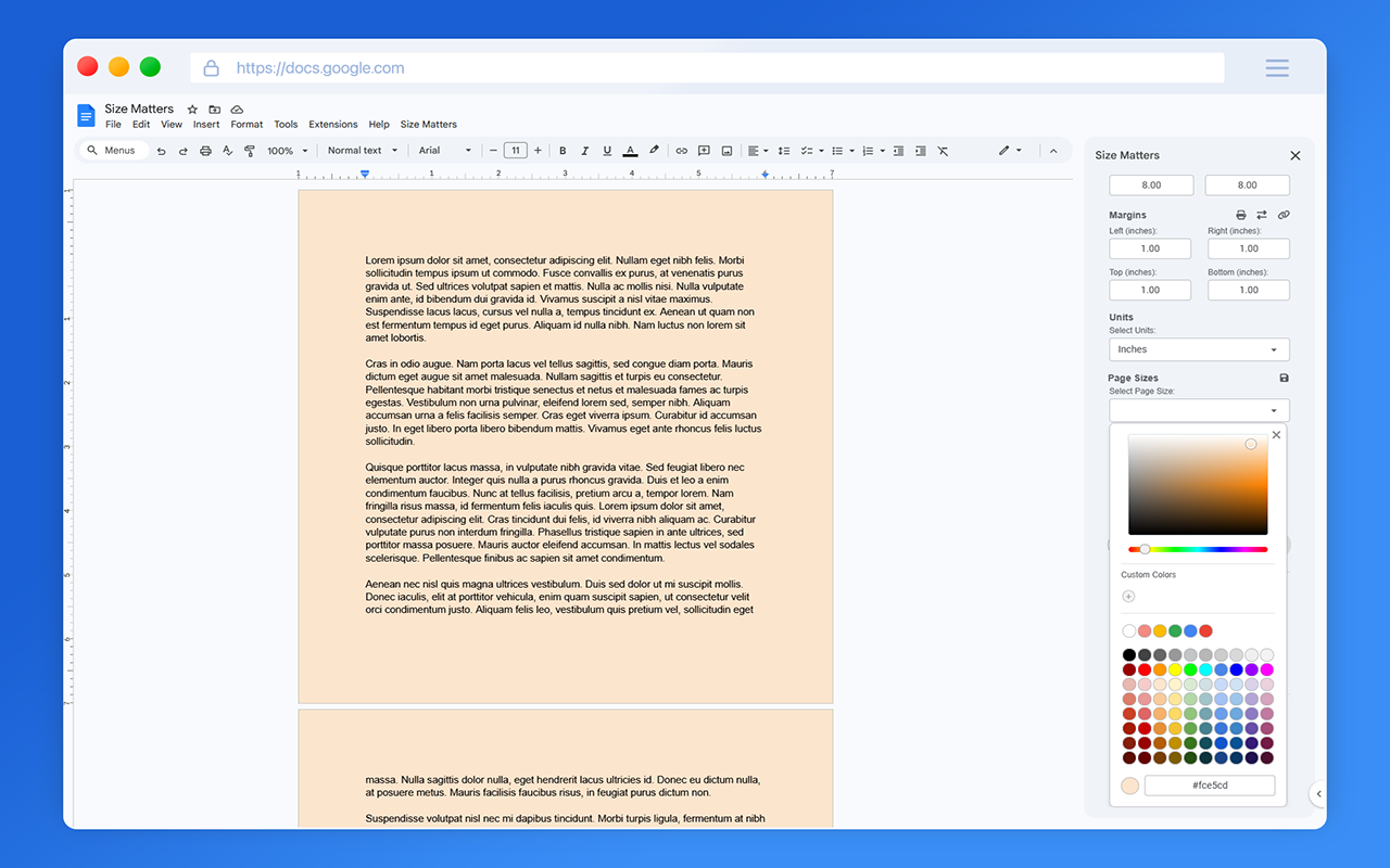 Custom page color with 80+ presets and a full HSL picker